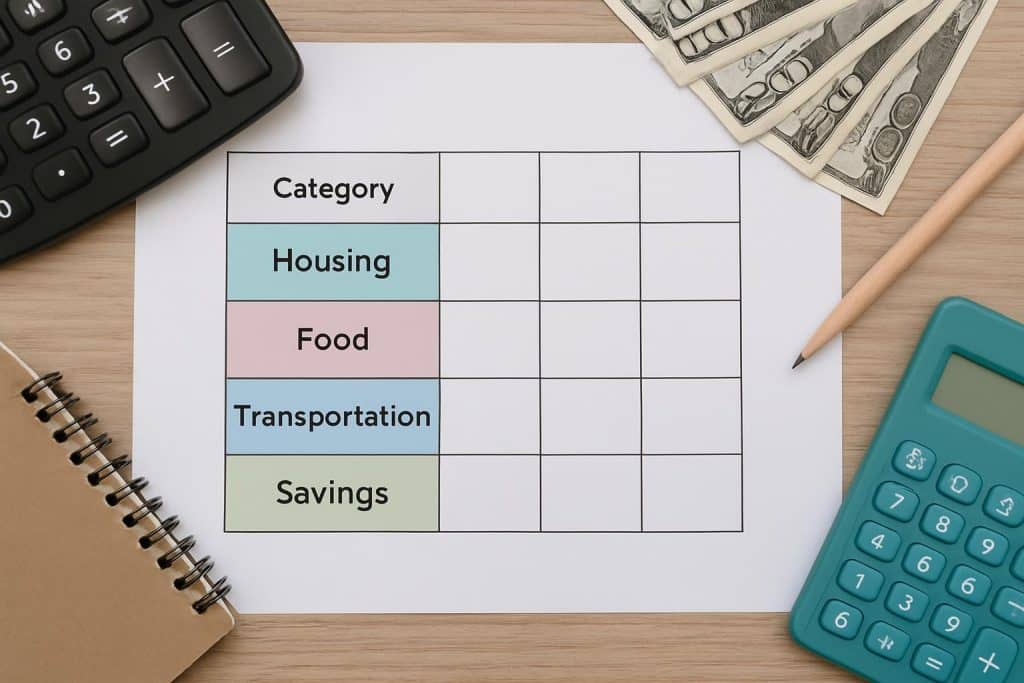 Monthly budget categories framework illustration with expense estimation and budget allocation chart