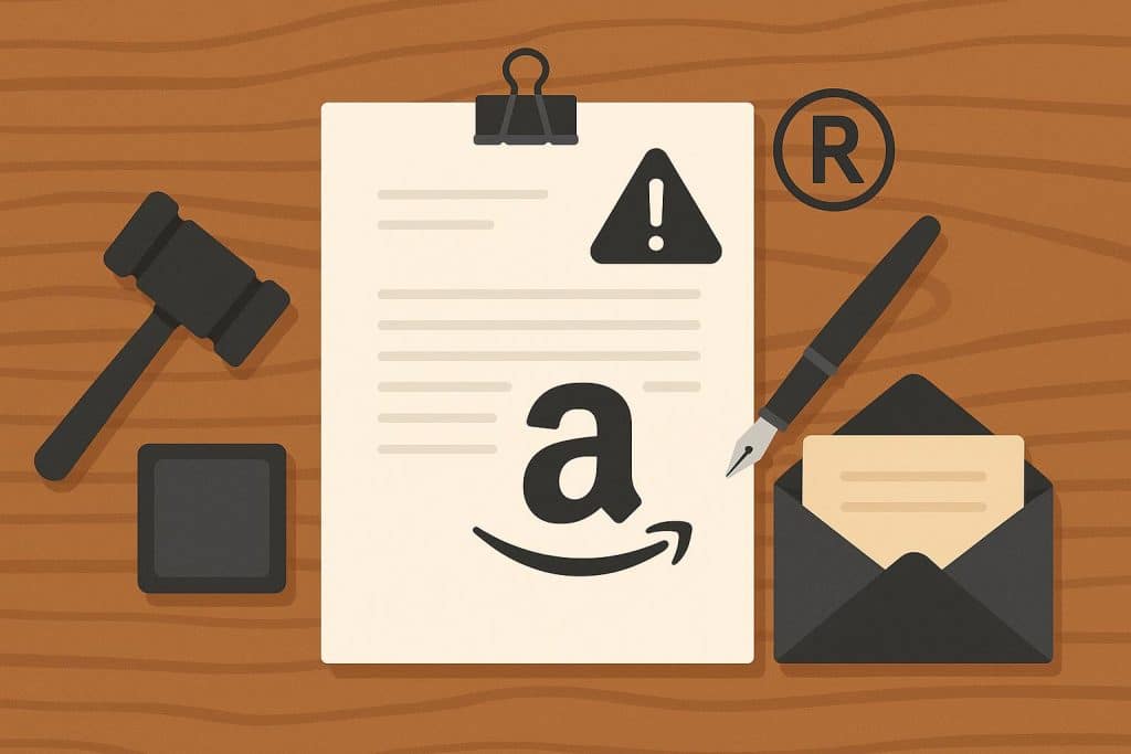 Amazon trademark infringement appeal process with legal documents and branded product packaging