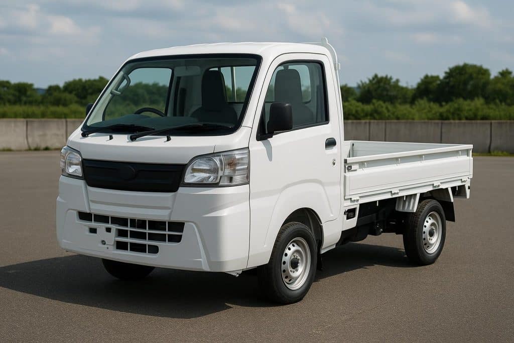 Compact pickup truck driving on highway, highlighting efficiency and performance features