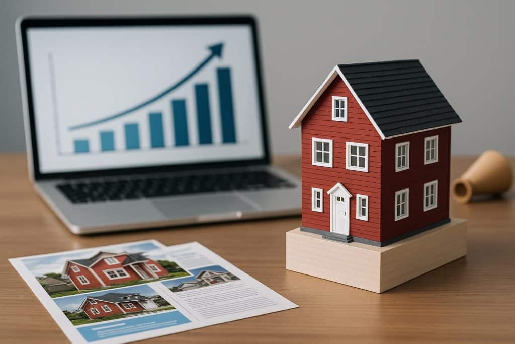 Modern house with "For Sale" sign and digital marketing icons highlighting fast home selling strategies