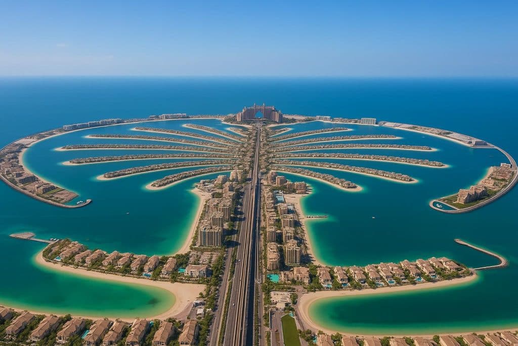 Aerial view of Palm Jumeirah with luxury resorts and turquoise waters in Dubai