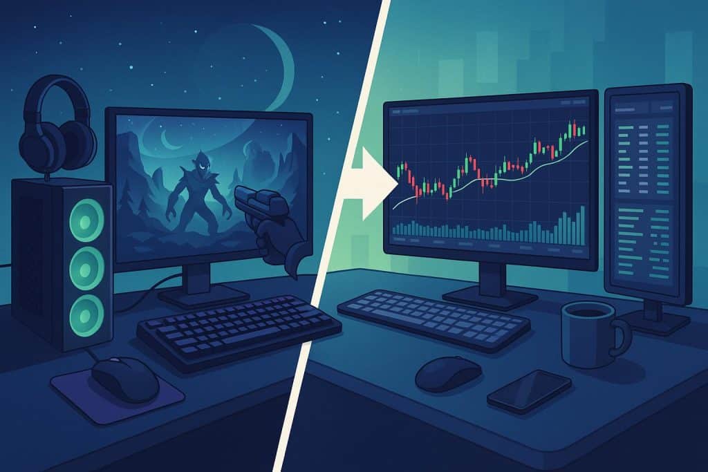 NorthDirect.com Review: How a Gamer Stepped Into Trading for the First Time Gaming gear and financial charts symbolize transition from gaming to trading on NorthDirect.com