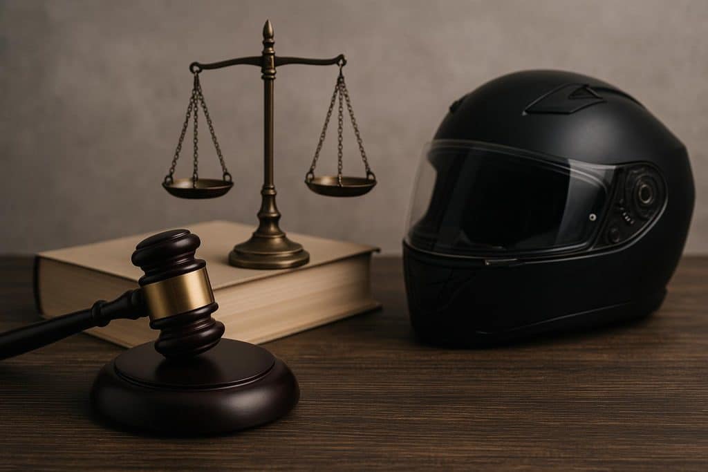 Motorcycle accident legal consultation with attorney reviewing case documents and helmet