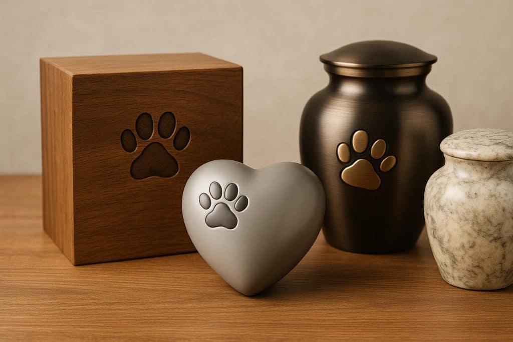 Pet Urn Materials: What You Need to Know Assorted pet urns made from wood, ceramic, and metal displayed on a table