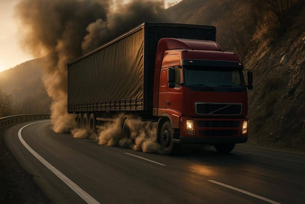 Commercial truck descending steep highway, highlighting risks of brake failure under heavy load