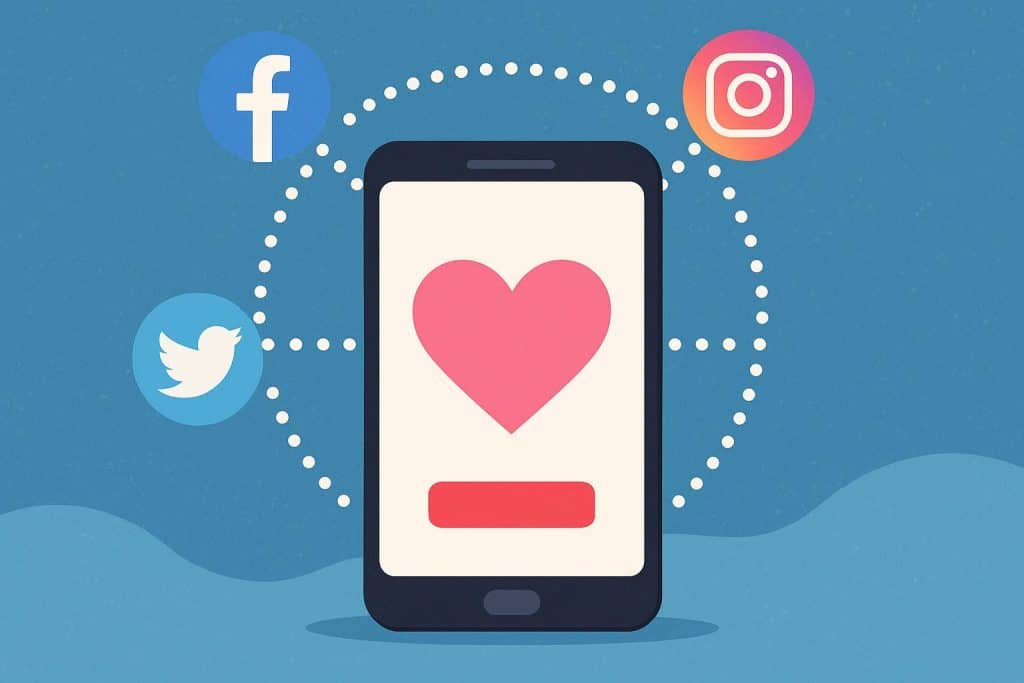 Social media icons merging with dating app logos representing online relationship connections