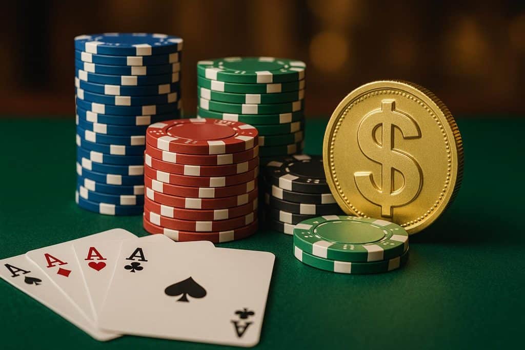 Stack of casino chips and playing cards symbolizing consistent gambling success and big winnings