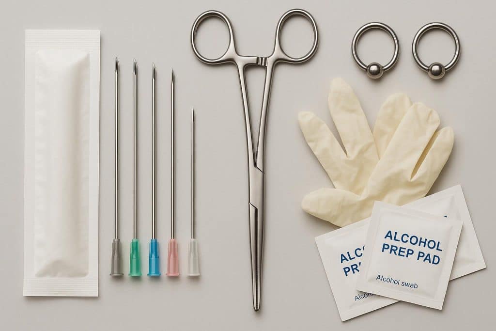 Assorted professional piercing needles and sterilized supplies organized on studio workspace