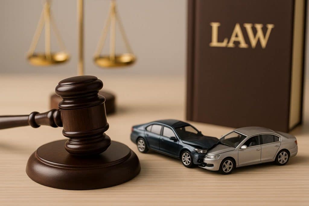 Car accident lawyer reviewing settlement documents with insurance representative at desk