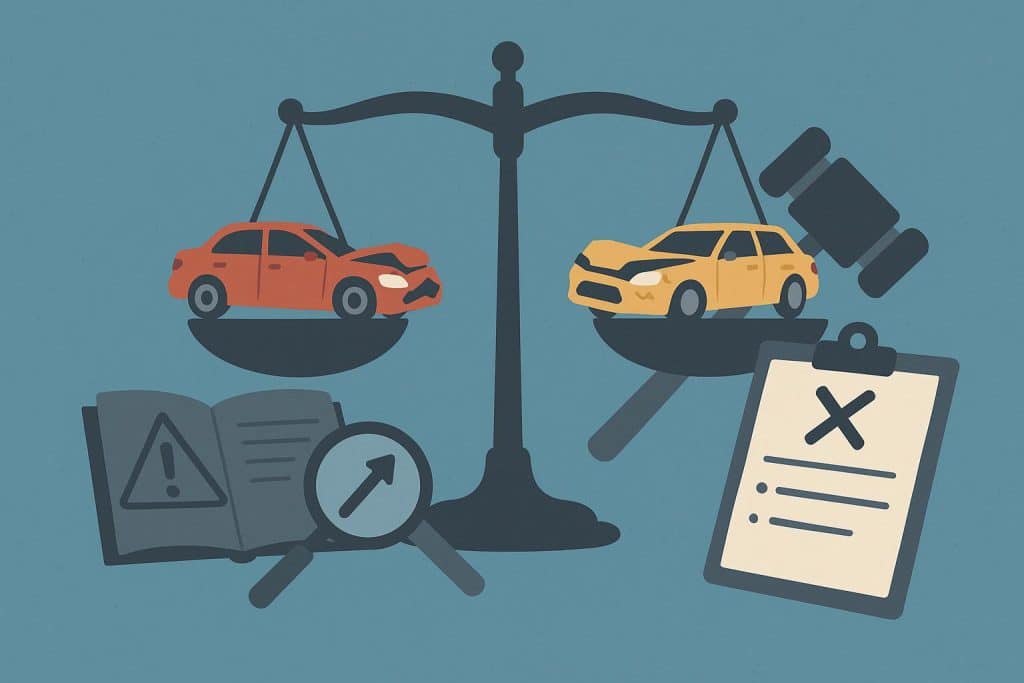 Lawyer reviewing car accident evidence to determine fault and negligence after a collision