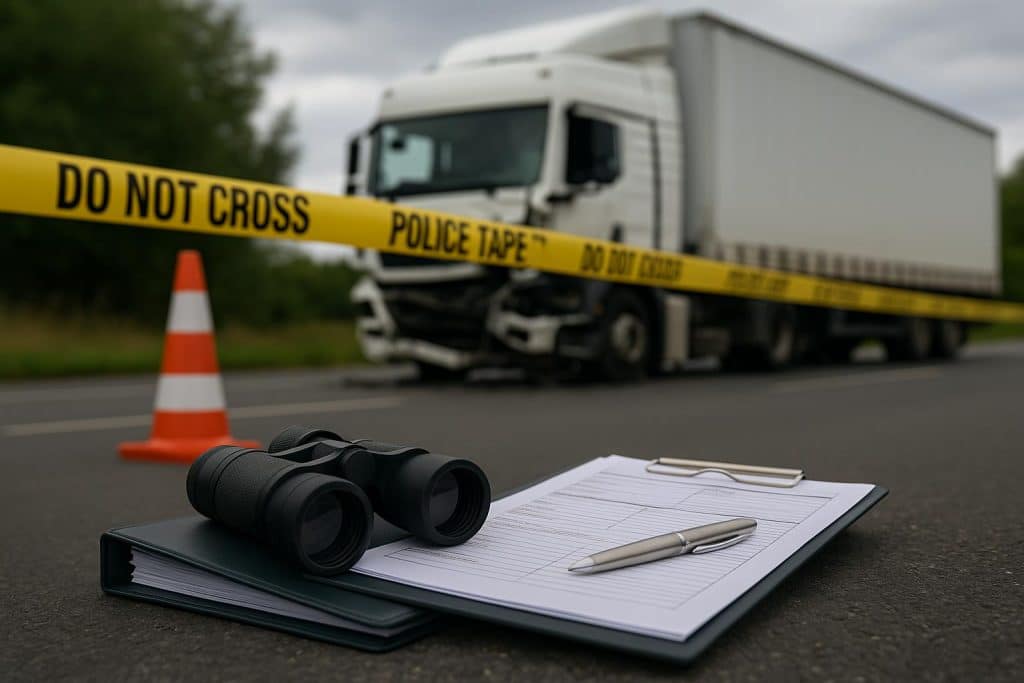 Damaged semi-truck at accident scene with debris, highlighting evidence for truck accident cases