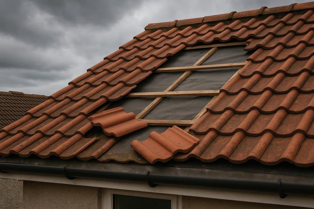 Missing Tiles After Strong Winds: How Urgent Is It Really? Damaged roof with missing tiles after strong winds, highlighting home repair urgency