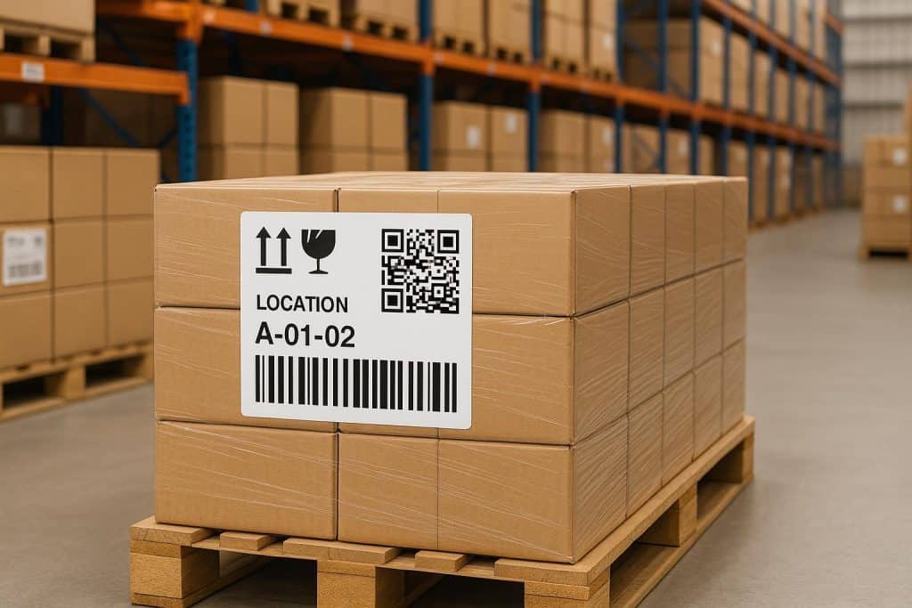 Warehouse shelves with pallets featuring clear barcode labels for efficient inventory tracking