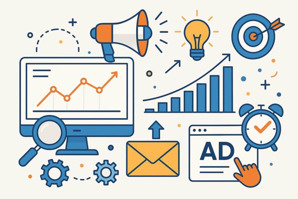 Get-Found: Birmingham’s Premier Marketing Agency Delivering Tangible Growth Digital marketing icons representing Get-Found's comprehensive online marketing services suite