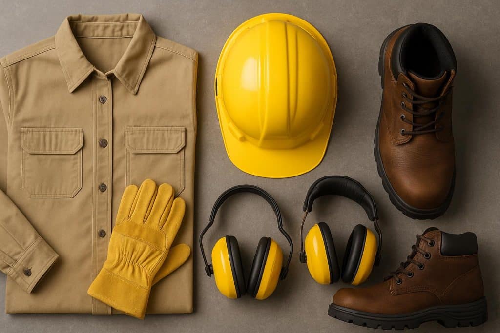 Women’s durable workwear including safety gear and tools in an industrial workplace setting