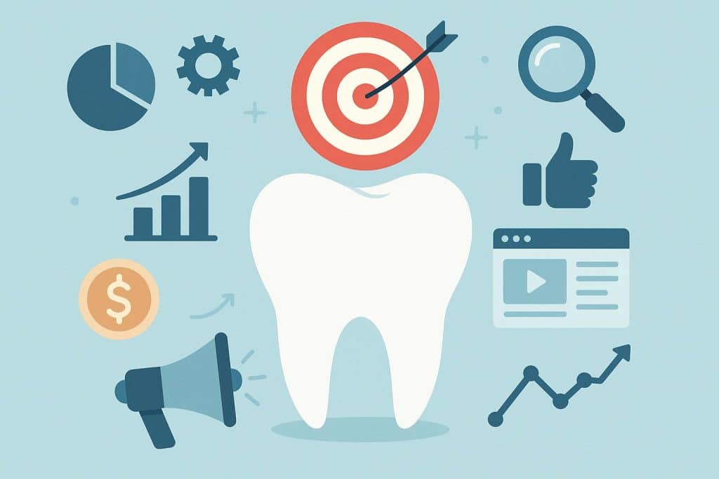 10 Dental Marketing Strategies to Get More Patients Online Modern dental clinic with website graphics illustrating online marketing strategies for dentists