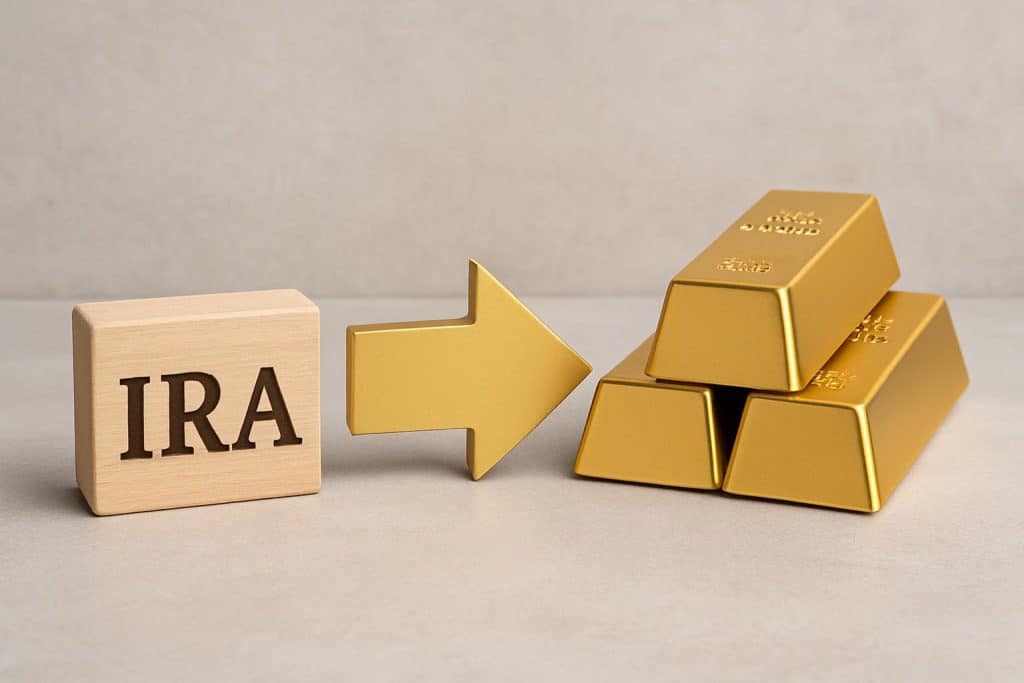 How To Move Your IRA To Gold Stack of gold bars next to IRA documents and calculator representing IRA to gold transfer