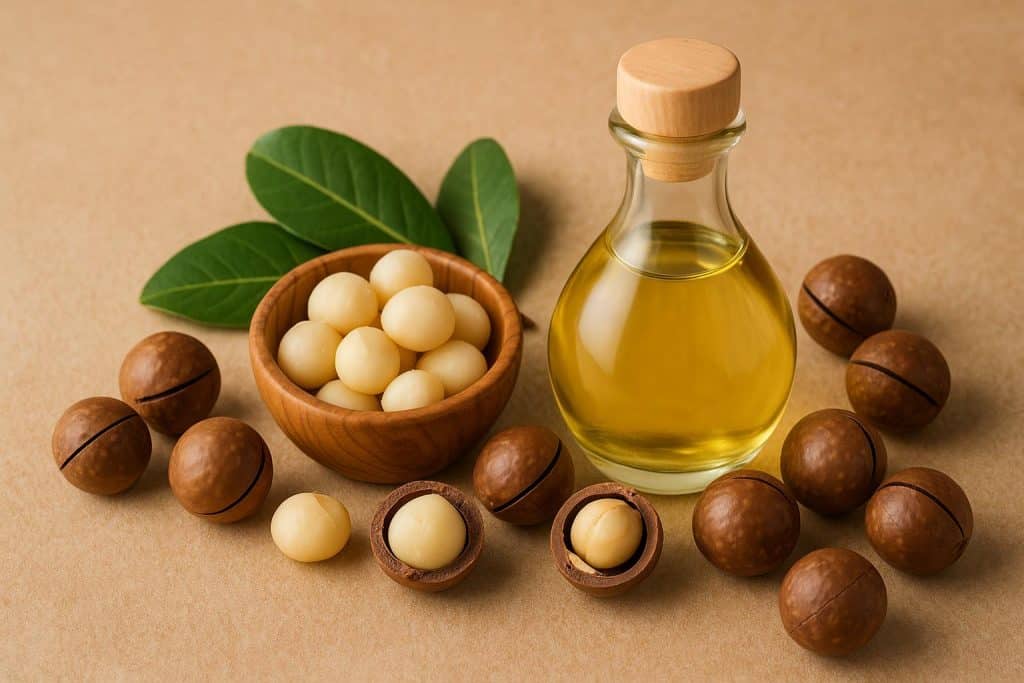 Unlocking the Power of Macadamia Oil for Skin Strength and Hair Vitality Macadamia oil in glass bottle with macadamia nuts, highlighting benefits for skin and hair care