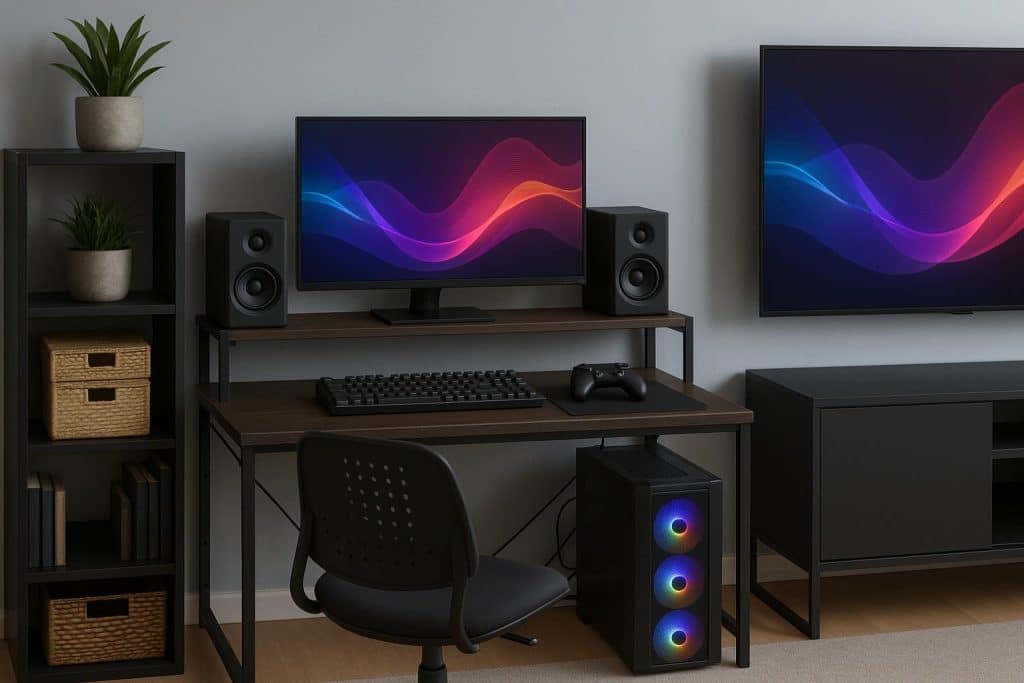 How To Keep Your Condo Gaming Setup Organized Modern condo gaming setup with organized desk, dual monitors, LED lighting, and storage shelves