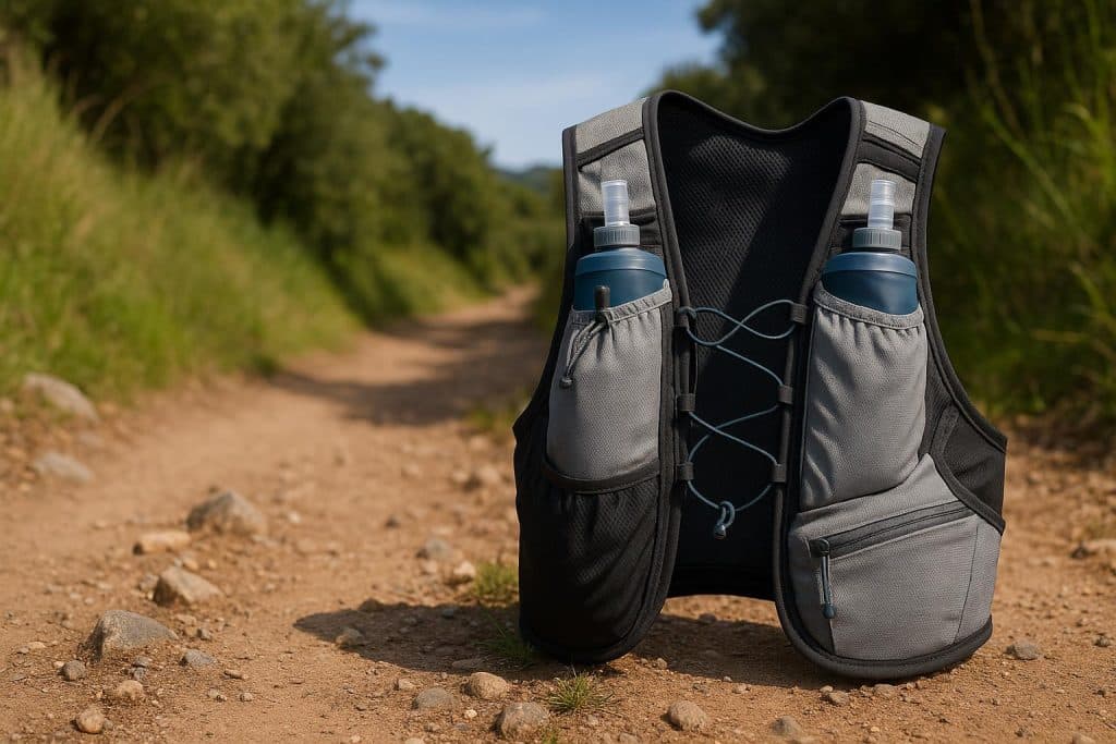Various running hydration vests on a wooden surface, showcasing options for trail and road running