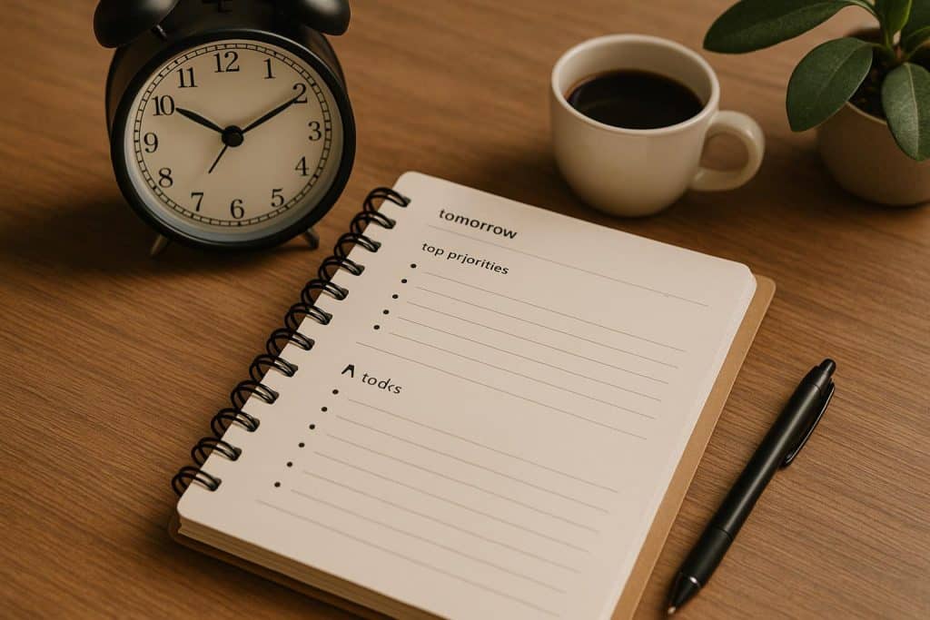 Organized workspace with a planner, pen, and checklist for effective daily task planning