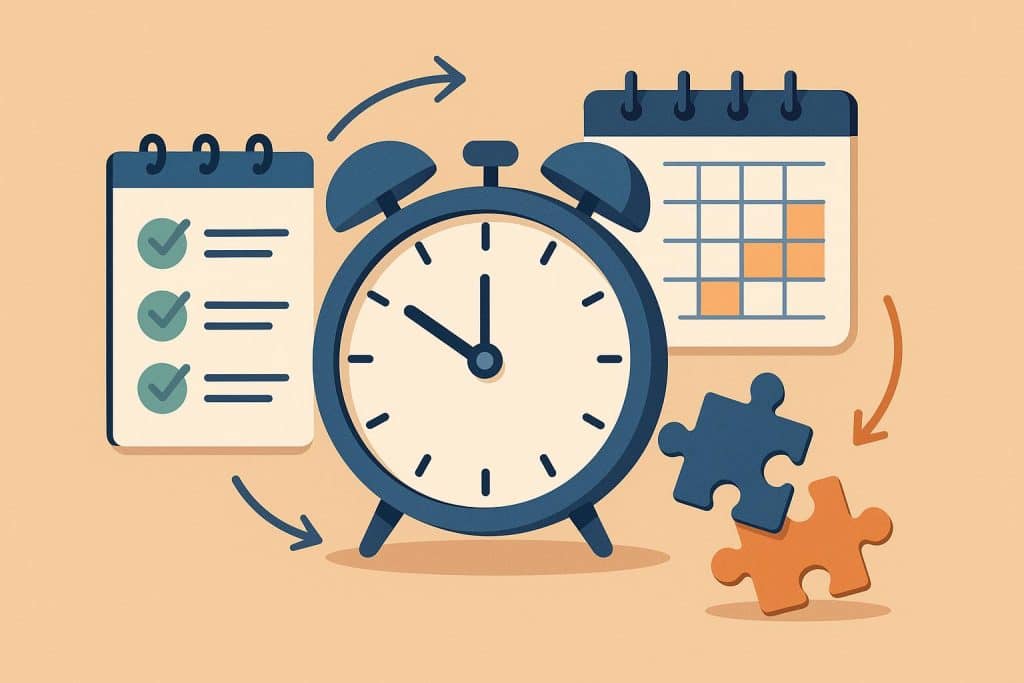 Clock, calendar, and planner on desk representing effective time management strategies