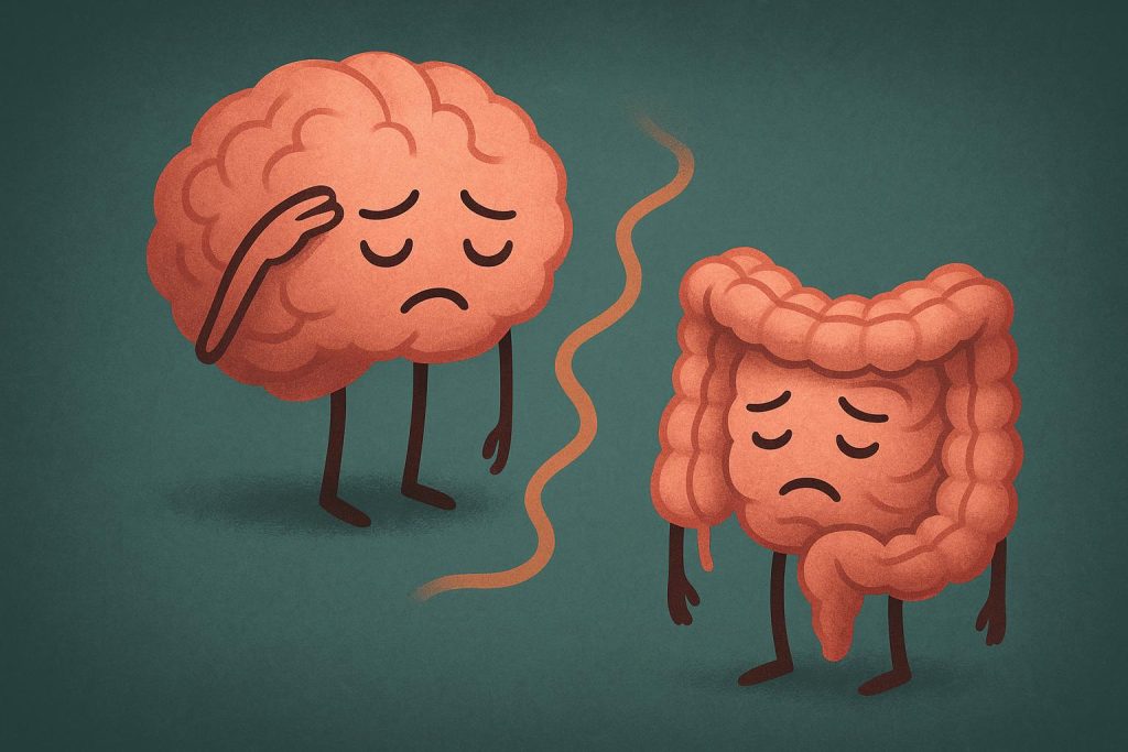 Upset stomach concept with person holding abdomen, symbolizing gut health and fatigue sensation