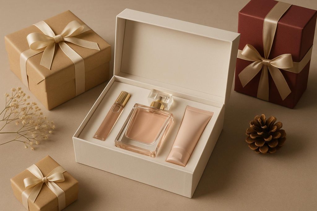 Assorted perfume gift sets arranged with elegant packaging for various personalities and occasions