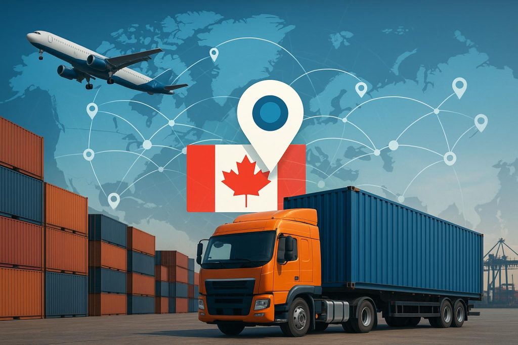 Cargo trucks and containers tracked via GPS technology for efficient freight forwarding to Canada