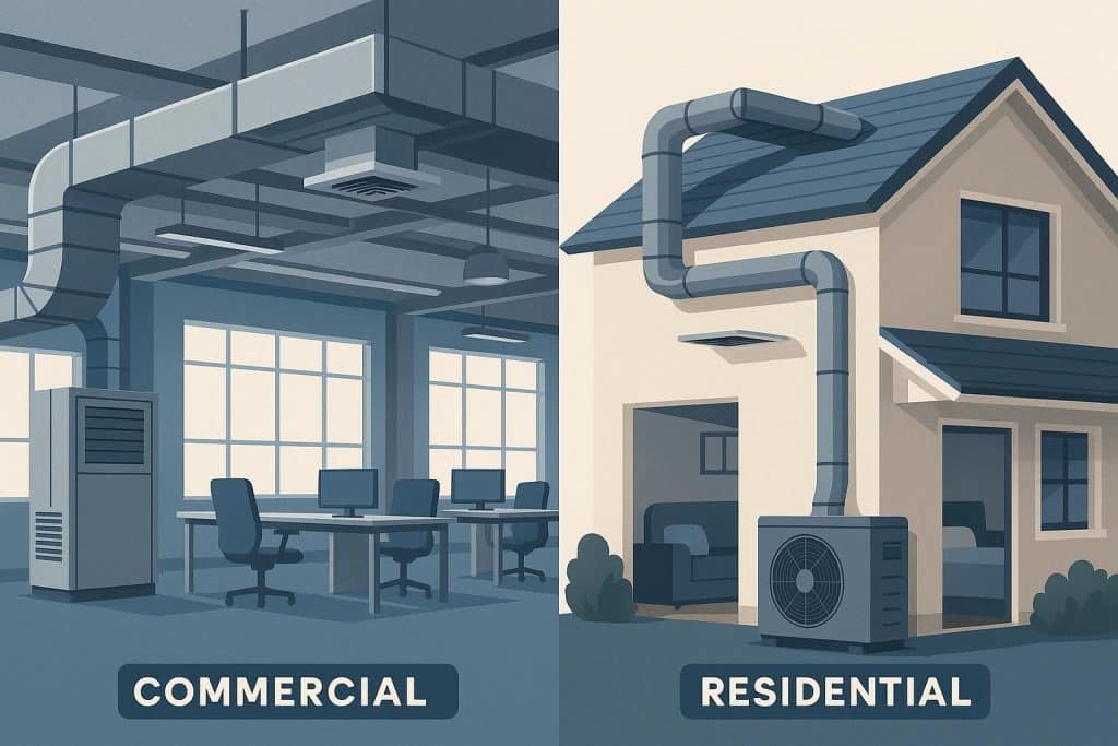Modern HVAC system layout comparing commercial building and residential home interiors