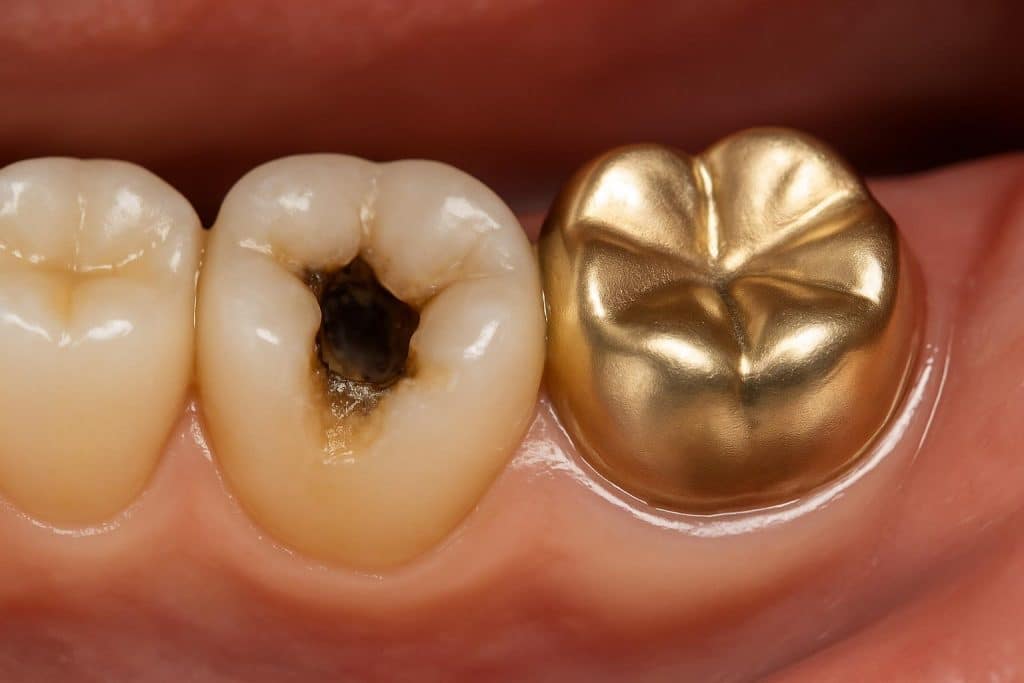 Dental crown covering a molar with a large cavity, illustrating crown vs filling treatment