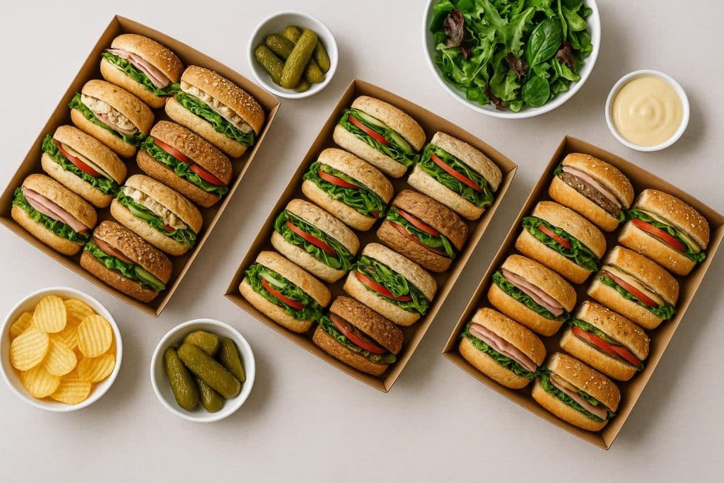 Assorted sandwich platters and salads arranged for office lunch catering delivery