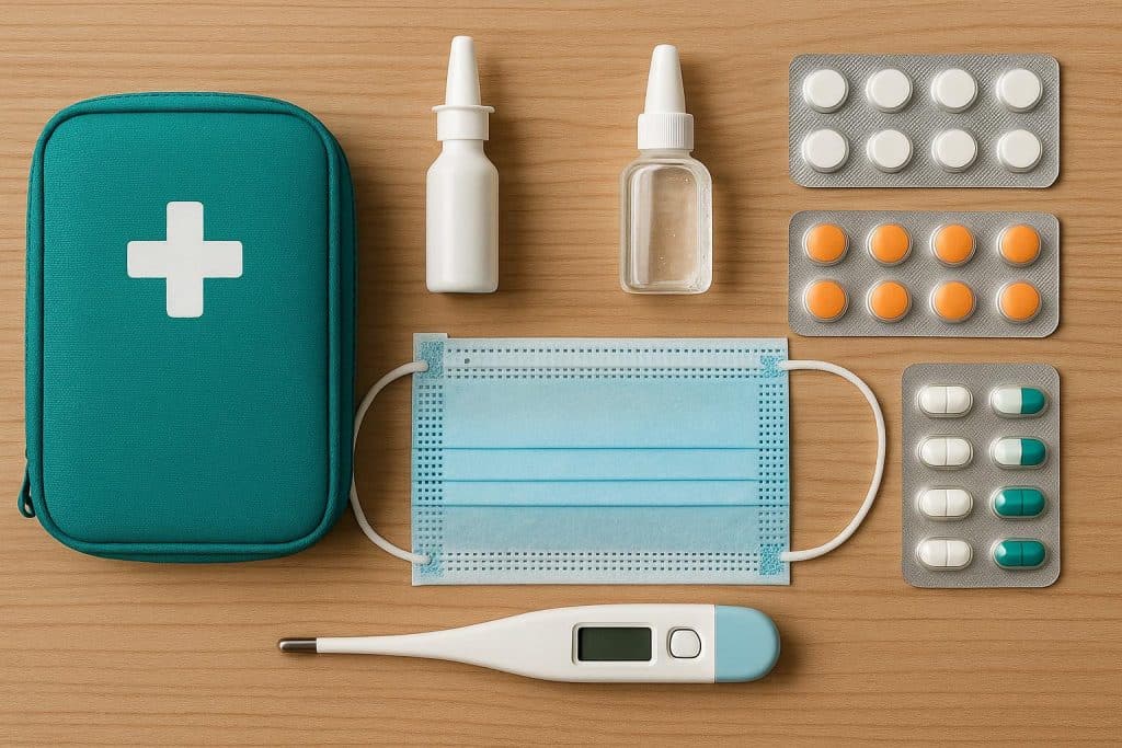 First aid kit, sanitizer, and face mask neatly arranged to highlight importance of health essentials
