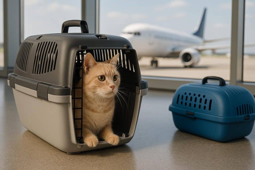 How to Prepare Pets for Safe and Stress-Free Air Travel Dog in travel crate at airport, ready for flight, illustrating pet air travel preparation steps