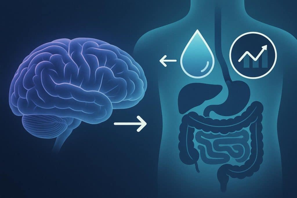 Brain illustration connected to metabolic symbols showing link between metabolism and cognition