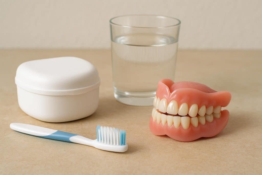 Dentures care tips with cleaning supplies and protective case, preventing damage in Kyle, TX