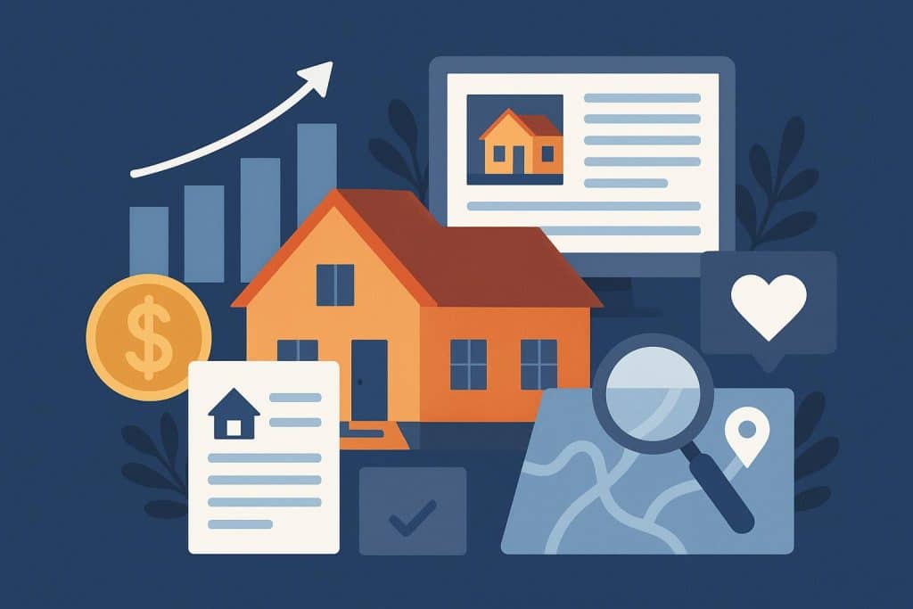 Modern office workspace with marketing team planning real estate content strategy on laptops