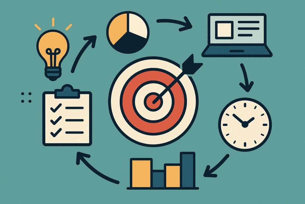Illustration of remote team collaboration, project planning, and focus cycle charts for productivity