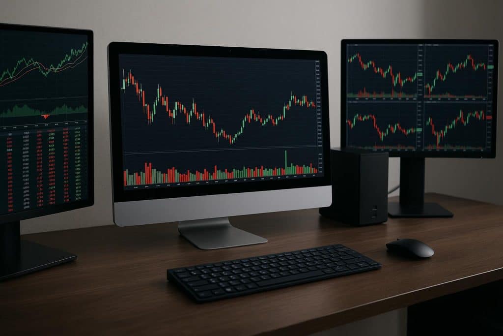 High-performance desktop computers and monitors ideal for day trading workstation setups