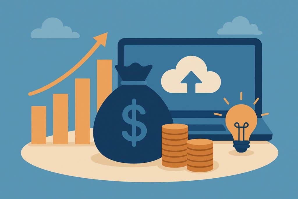 Laptop with financial charts and SaaS icons symbolizing startup grants and software funding support