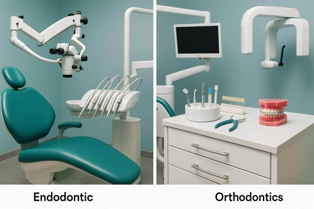 Modern dental clinic with advanced equipment and multiple dental specialists collaborating in treatment