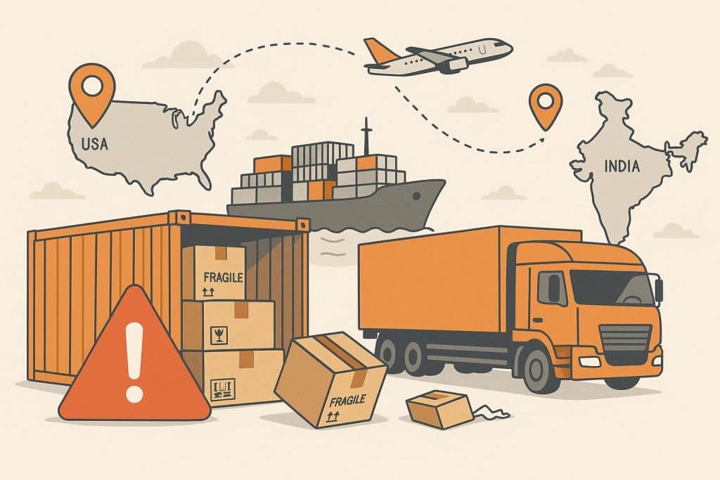 Cargo containers and shipping vessel representing international shipping from USA to India