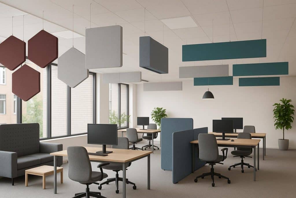 Modern open-plan office with acoustic panels reducing noise and enhancing workspace comfort