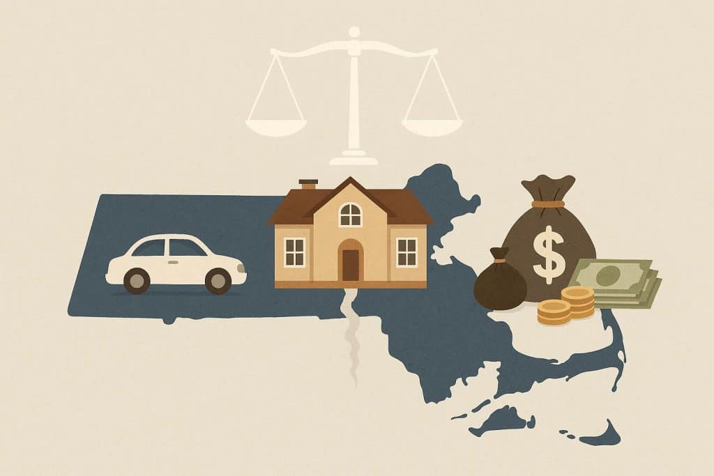 How Property and Assets Are Divided in a Massachusetts Divorce: What Makes the Bay State Different Scales balancing house and money, symbolizing asset division in Massachusetts divorce laws