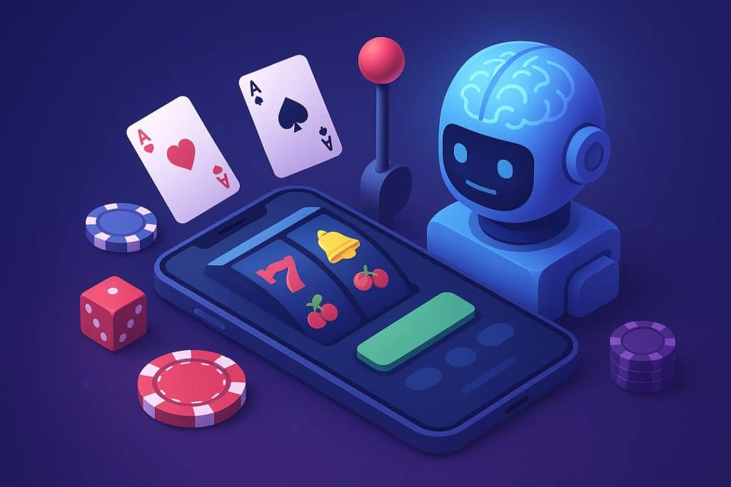 How Do AI-Driven Mobile Igaming Works? Smartphone displaying an AI-powered mobile casino app with digital playing cards and roulette wheel