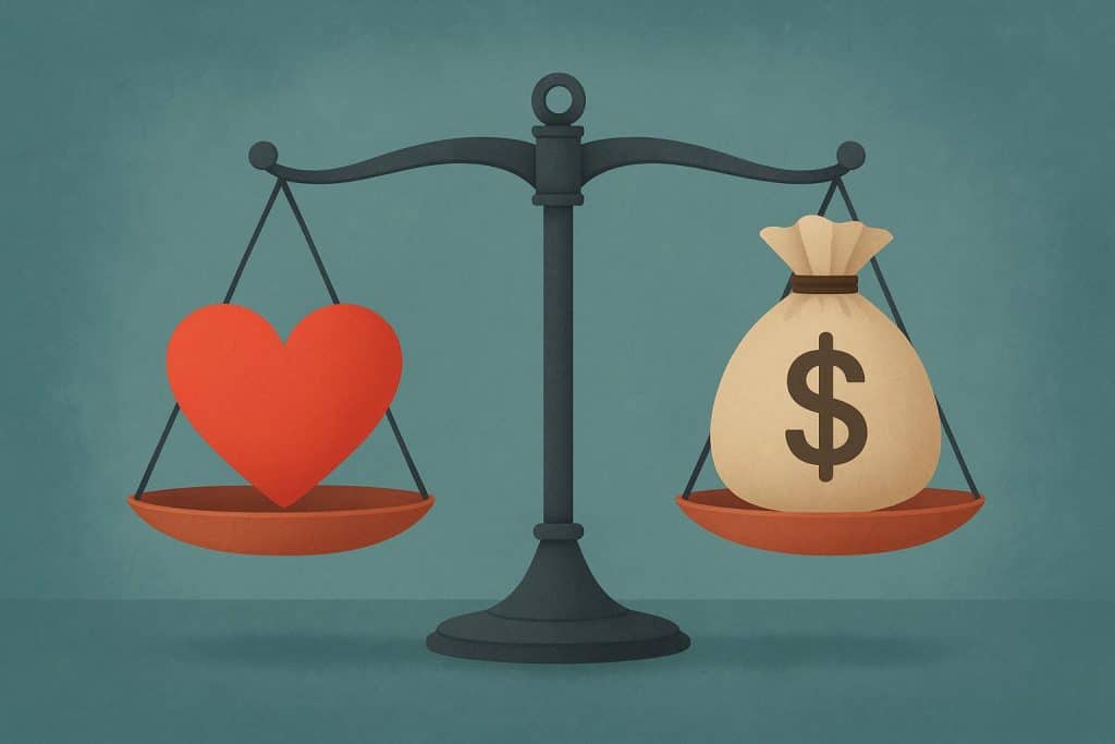 Scales balancing a heart and dollar sign symbolizing emotions and finances in divorce negotiations