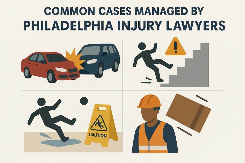 Common Cases Managed by Philadelphia Injury Lawyers Philadelphia injury lawyers handling car accidents, slip and fall, and medical malpractice cases