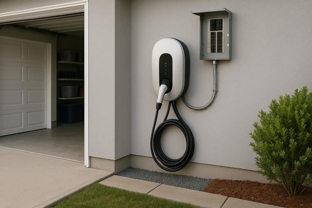 Home garage with electric vehicle charger and parked car, ready for EV charging station setup