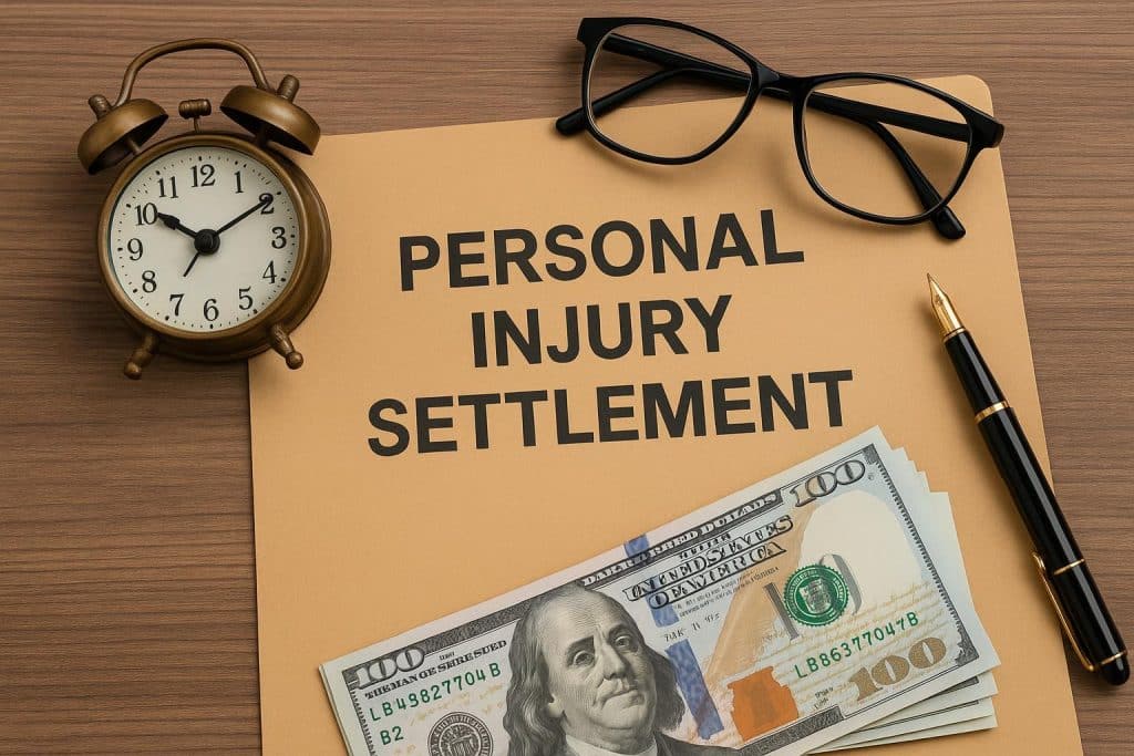 Legal documents, gavel, and settlement check representing personal injury claim process and payout
