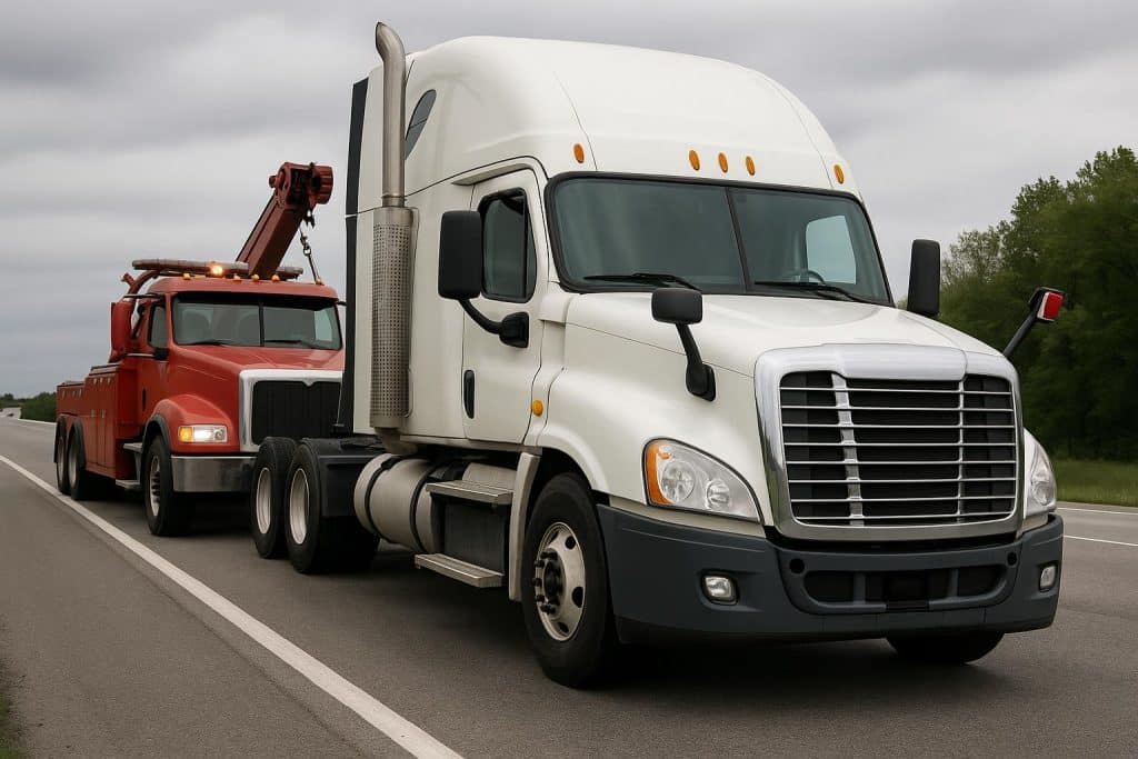 When to Call Truck Roadside Assistance – A Guide for Semi-Truck Drivers Semi-truck parked on highway shoulder receiving professional roadside assistance services